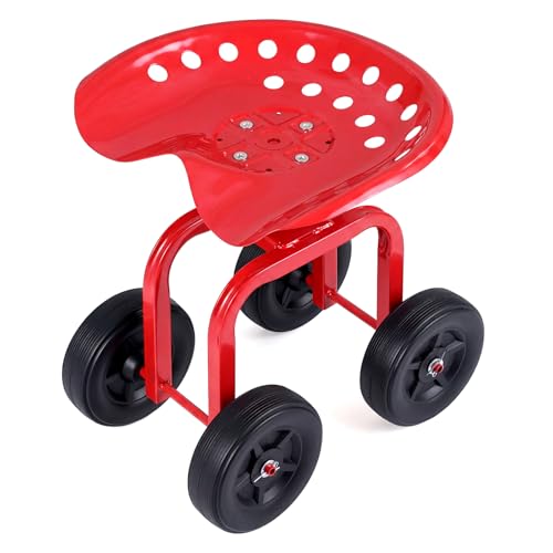 Goplus Garden Cart with Wheels, Utility Stool Cart w/Adjustable 360 Degree Swivel Seat, Outdoor Lawn Yard Rolling Work Seat, Garden Scooter for Planting (Red) - color: Red