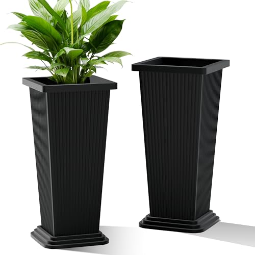 TUYOHW 24 Inch Tall Tapered Square Planters (Set of 2) - Indoor Outdoor Large Flower Pots with Built-in Drainage & Matching Water Tray for Patio, Garden, Home - Black - color: Black-ribbed