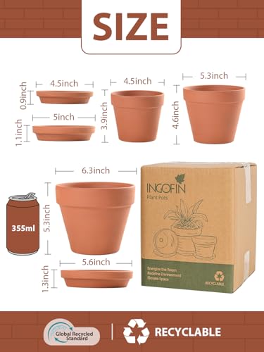 INGOFIN Terracotta Pots Set with Saucer - 5/6/7 inch Ceramic Clay Planters with Drainage Hole, Garden Flower Succulent Pots with Tray for Indoor Outdoor Plants, Set of 3 - size: 5/6/7 inch -3 pcs