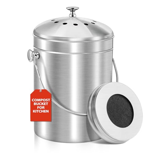 ENLOY Compost Bucket for Kitchen Countertop, 1.3 Gallon, Stainless Steel - color: Brilliant Steel