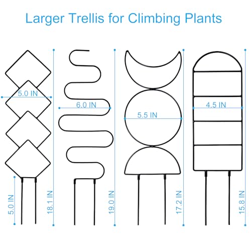 4 Packs 19 in Heighten Trellis for Climbing Plants Indoor, HENABLE Small Garden Metal Trellis for Potted Plants Outdoor for Vine Ivy Flower Plant Support, 4 Different Black Iron Patterns - size: 19 IN