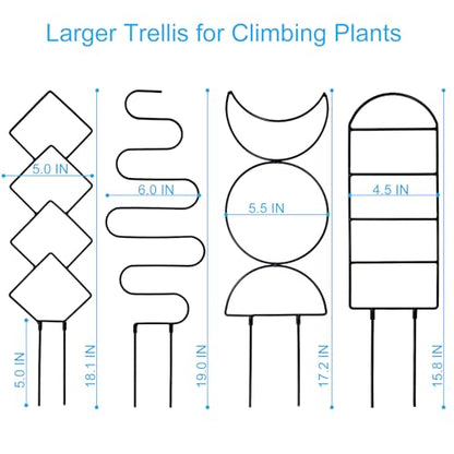 4 Packs 19 in Heighten Trellis for Climbing Plants Indoor, HENABLE Small Garden Metal Trellis for Potted Plants Outdoor for Vine Ivy Flower Plant Support, 4 Different Black Iron Patterns - size: 19 IN