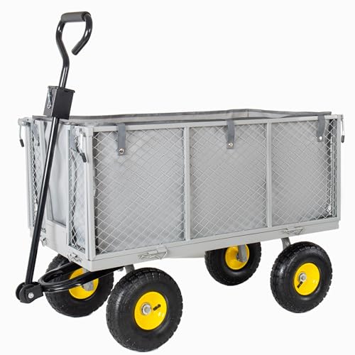 4-in-1 Oversized Steel Dump Garden Cart, 880lbs Pullable Mesh Metal Utility Cart with Removable Liner, Side Panels & Mesh Tray for Outdoor Lawn, Patio, Landscaping, Gray