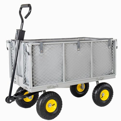 4-in-1 Oversized Steel Dump Garden Cart, 880lbs Pullable Mesh Metal Utility Cart with Removable Liner, Side Panels & Mesh Tray for Outdoor Lawn, Patio, Landscaping, Gray