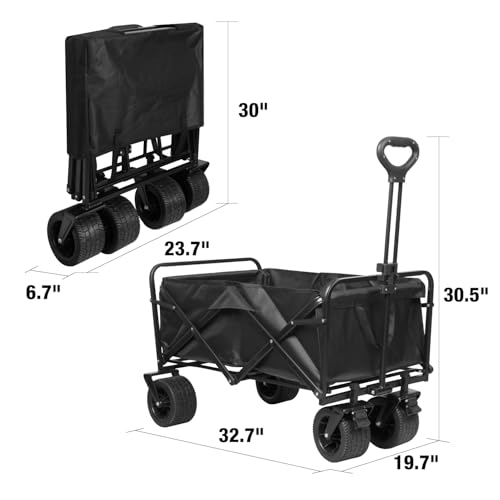 Heavy Duty Collapsible Folding Wagon Cart, All-Terrain Wheels with Dual Brakes, 220LBS Capacity Utility Wagon for Beach, Garden, Grocery, Sports & Outdoor – Black