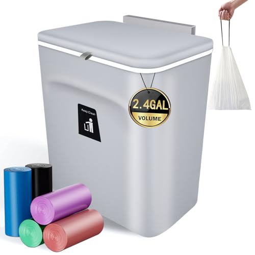 2.4 Gallon/9L Compost Bin Kitchen, Equipped with 5 Rolls(75) Garbage Bags, for Counter Top or Under Sink, Small Compost Bin for Kitchen with Lid, for Cupboard/Bathroom/Bedroom/Office(Gray) - color: Gray