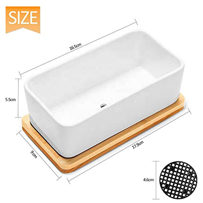 White Ceramic Succulent Planters, Indoor and Outdoor Succulent Planters, Set of 2 Small Cactus Containers, Bonsai Pots, Flower Pots with Drainage Hole and Bamboo Bowl (No Plant) - color: Rectangular