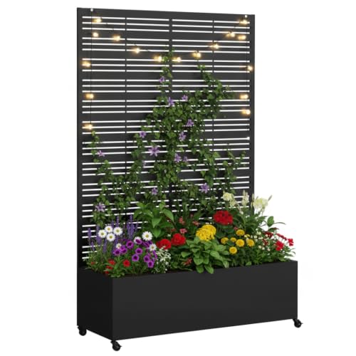 Metal Planter Box with Trellis Privacy Screen, Raised Garden Bed with Trellis & Wheels, Privacy Planters for Patio, Planter Box for Climbing Plants, Flower, 73"x 47"x 30", Wood - color: Black line, size: 73"x 47"x 16"
