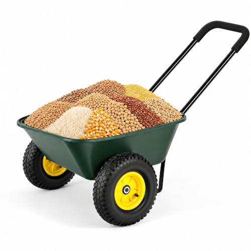 Autodaya Dual-Wheel Wheelbarrow, Home Utility Garden Dump Cart with 10" Non-Slip Pneumatic Tires & Ergonomic Padded Handle, Heavy-Duty Yard Wagon for Lawn, Farm, Porch, Gardening, G - color: 300lb|green-3 Cu Ft