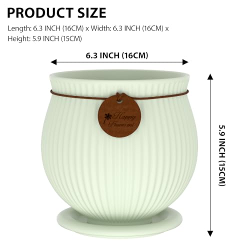 6.3 Inch Light Green Ceramic Planter with Drainage Hole and Saucer - color: Light Green, size: Medium