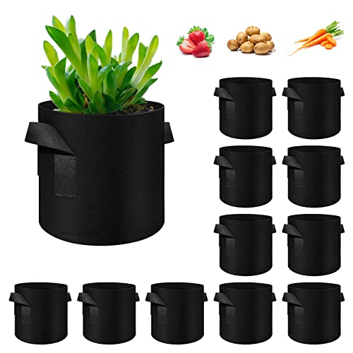 12-Pack 5 Gallon Plant Grow Bags, Thickened Nonwoven Fabric Pots with Handles, Vegetable Planter Bags Containers, Cloth Planters for Garden Vegetable/Flower/Plant/Fruits Outdoor (Black) - color: Black, size: 5 Gallon