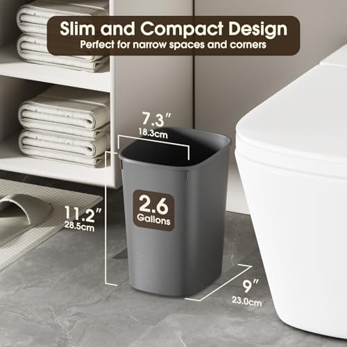 CEROELDA Small Bathroom Trash Can, 2.6 Gallon Slim Mini Garbage Can Small Trash Bin Plastic Waste Basket for Dorm Room, Bedroom, Office, Toilet (Grey) - color: 1 Pack-No Lid-Grey