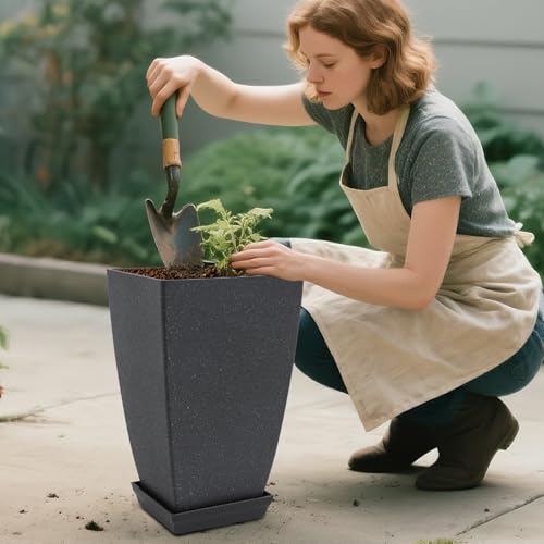 Neoaider Set of 2 Tall Planter, 21 inch Large Plastic Planter, Cement Gray - color: Cement Gray