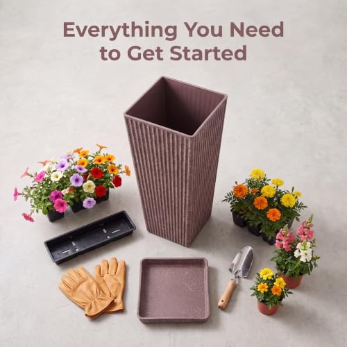 24" Tapered Tall Planters for Outdoor Plants with Tray&Shelf, Brown - color: Brown-concrete Look/Sandblasting