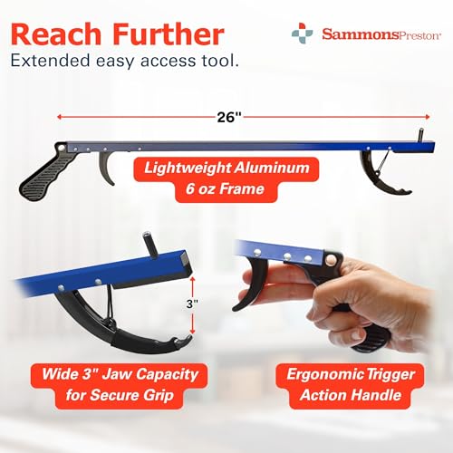 Sammons Preston Reacher, 26" Lightweight Grabber Reacher Tool with Magnetic Tip, Ergonomic Grip & Claw Jaw, Portable Reaching Aid for Seniors, Daily Living & Home Use, Standard Blue, 3 pack - color: 26" Standard, Blue, size: 3 Pack