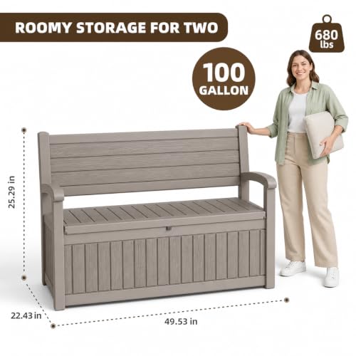 EasyUp 100 Gallon Wood-Grain Storage Bench, Waterproof & Lockable，Beige - color: Beige, size: 100 Gallon