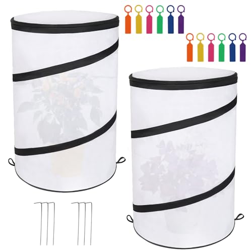 2 Pcs 12"×21" Pop Up Round Winter Frost Plant Cover,Foldable Non Woven Winter Plant Freeze Protection Tent with Ground Stakes & Label Cards,Mini Greenhouse Protector for Small Indoor&Outdoor Plants