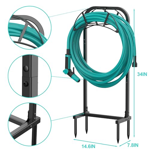 Meykwod Garden Hose Holder, Heavy Duty Water Hose Holder with 4 Spikes Holds 150ft Water Hose, Sturdy Freestanding Hose Stand Hose Hanger Hose Storage for Outside Yard Lawn (Metal, Black)