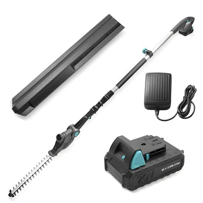 20V Cordless Telescopic Pole Hedge Trimmer Long Reach Extendable Hedge Cutter - 1x 2.0AH Battery, Shoulder Strap, Fast Charger - for Hedges, Branches