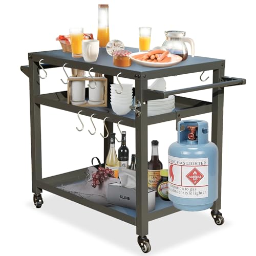 Domi 3-Shelf Outdoor Grill Table, Grill Cart with Wheels, Pizza Oven and Food Prep Table, Blackstone Griddle Stand with Propane Tank Hook for Outside BBQ - style: Galvanized Steel Tabletop+Solid Shelf