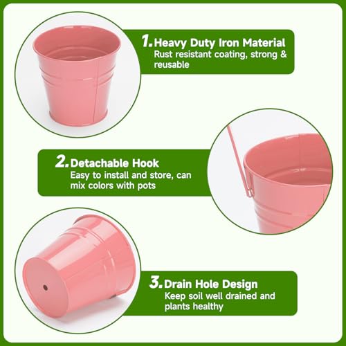 KINGLAKE Flower Pots,10 Pcs Metal Iron Hanging Flower Plant Pot Balcony Garden Plant Planter Baskets Fence Bucket Pots 6.3'' Flower Holders with Detachable Hook - color: Multicolor, size: 6.3 Inch