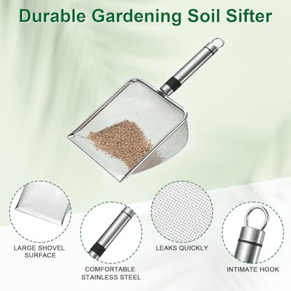 M METERXITY 1-Pack Gardening Soil Sifter, 1.5 mm Mesh Stainless Steel Sand Soil Compost Sieve with Stainless Steel Handle for Sand/Dirt/Rock Compost, Screen Potting Scoop [Silver Tone] - size: 1.5 mm