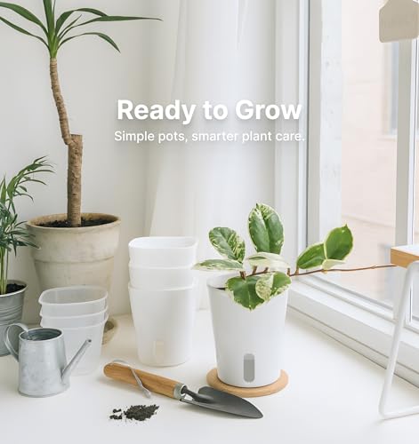 8 Pack 4" Self Watering Pots for Indoor Plants, Clear Inner Cup, Small White Plastic Planters, Water Level Indicator, Drainage Holes, Extra 3ft Wick, Cuttings,Seedlings,Herb,African Violets - color: Arctic White, size: 4" (8 Pack)