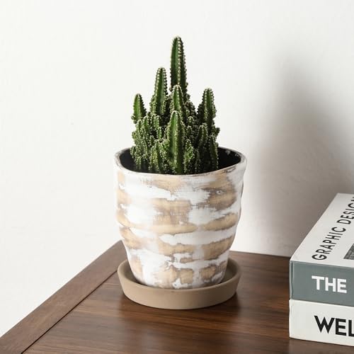 Modern Irregular Ceramic Planter Set of 4, 4 Inch Small Unique Reactive Glaze Flower Pots with Drainage Holes & Saucers - Indoor Outdoor Decorative Succulent Orchid Pots- Light Brown - color: Light Brown, size: 4inch-Set of 4