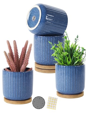 4 Inch Cylinder Ceramic Plant Pots with Trays, Blue, Set of 4 - color: Blue(4inch)