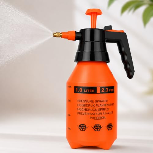 Garden Pump Sprayer 34oz Handheld Pressure Bottle with Safety Valve & Adjustable Nozzle for Watering Plants, Weed Spraying, Car Washing, Home Cleaning, Outdoor Use（Orange）
