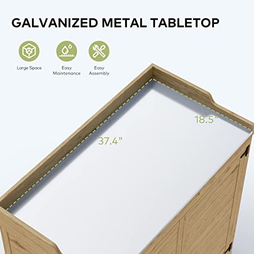 Gizoon Outdoor Potting Bench with Metal Tabletop, Wooden Cabinet, Natural