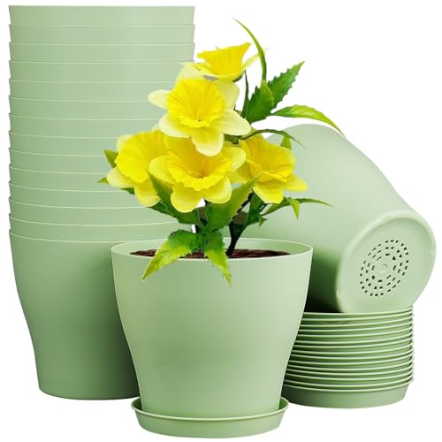 Meowell 6 inch Plastic Nursery Pots,16 Pack Plant Pots for Small Indoor Outdoor Plants, Flower Pots with Drainage Holes and Saucers, Decorative Seedling Starter Planters for House Plants, Green - color: Green, size: 6inch B 16pcs