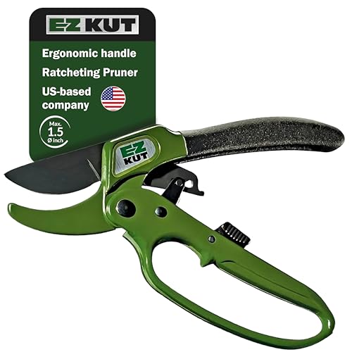 EZ Kut Heavy Duty Pruning Shears Green - with Ratcheting Action Great Garden Hand Tool Clippers Gardening pruners arthritis tools Ratcheting Anvil Hand Pruner Pruning Shears Heavy Duty Since 1988
