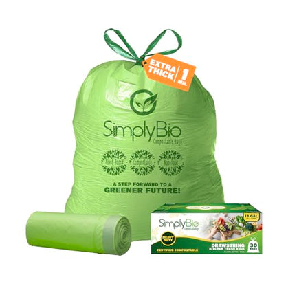 Simply Bio 13 Gallon Compostable Organic Bags Liners Drawstring, Heavy Duty Extra Thick 1 Mil, 49.21 Liter, 30 Bags, Tall Kitchen Food Scrap Waste Bag, ASTM D6400, US BPI and OK Compost Home Certified - size: 1 Count (Pack of 30), style: Drawstring (13 Ga