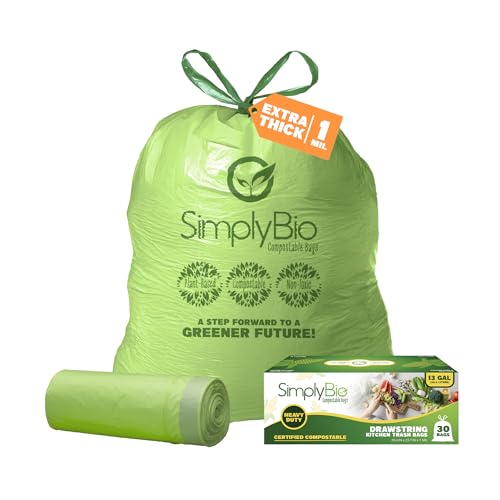 Simply Bio 13 Gallon Compostable Organic Bags Liners Drawstring, Heavy Duty Extra Thick 1 Mil, 49.21 Liter, 30 Bags, Tall Kitchen Food Scrap Waste Bag, ASTM D6400, US BPI and OK Compost Home Certified - size: 1 Count (Pack of 30), style: Drawstring (13 Ga