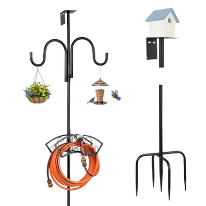 Upgraded Garden Hose Holder, Freestanding Water Hose Holder, Double Shepherds Hooks for Outdoor, Adjustable Hose Stand with 5 Spikes Heavy Duty Metal Bird Feeder Pole for Outside Yard Lawn