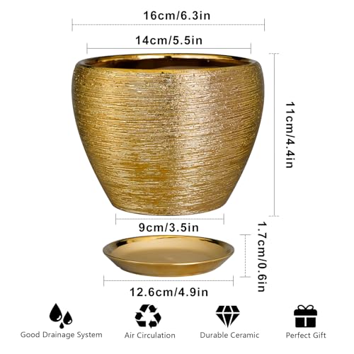 Ceramicfor Indoor Plant Pot 6 Inch - Ceramic Pot for Plants Outdoor Planter with Drainage Hole and Saucer Round Decorative Planter Modern Flower Pot for Home Decor Gold - color: Gold, size: 6 Inch