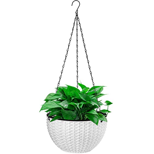 Foraineam 10.2 Inch Dual-pots Design Hanging Basket Planters Self-Watering Indoor Outdoor Hanging Flower Plant Pot with Drainer and Chain (White) - size: 10.2”