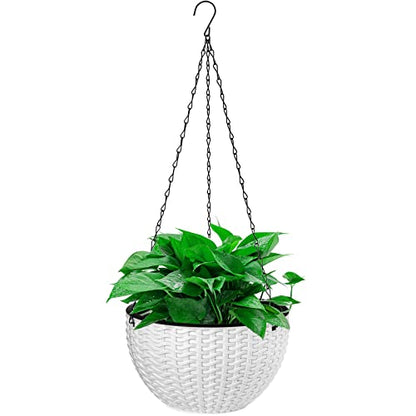 Foraineam 10.2 Inch Dual-pots Design Hanging Basket Planters Self-Watering Indoor Outdoor Hanging Flower Plant Pot with Drainer and Chain (White) - size: 10.2”