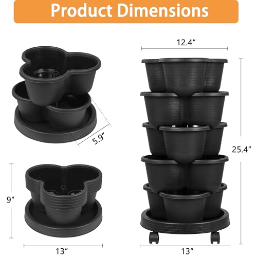 VECELO 5 Tier Vertical Garden Planter, Self Watering Stackable Planters with Wheels for Strawberries, Herbs, Flowers, Vegetables, Black - color: Black, size: 5 Tier