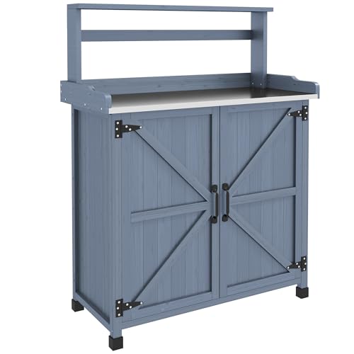 Potting Bench, Outdoor Wooden Potting Table with Storage Cabinet with 2 Shelves, Garden Work Bench with Galvanized Plated Tabletop for Backyard, Balcony, Gray