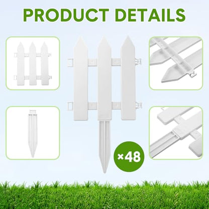 48 Pack White Classic Garden Fence Panels with 48 Fence Inserts, 6.69'' L x 7.87'' H