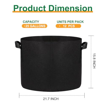JERIA 12-Pack 25 Gallon Grow Bags, 300G Thickened Nonwoven Garden Pots,Heavy Duty Fabric Pots with Reinforced Handles - size: 25 Gallons