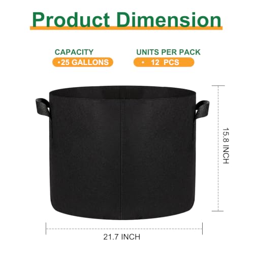 JERIA 12-Pack 25 Gallon Grow Bags, 300G Thickened Nonwoven Garden Pots,Heavy Duty Fabric Pots with Reinforced Handles - size: 25 Gallons