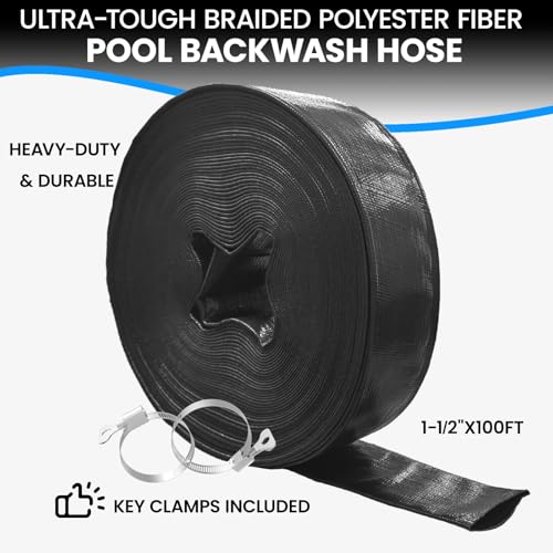 Poolvio Backwash Hose 1-1/2" x 100 ft, Heavy-Duty Lay-Flat Reinforced PVC Discharge Hose with 2 Stainless Steel Thumb Screw Clamps, Leak-Resistant for Inground & Above-Ground Pool Filters - size: 1-1/2" x 100 ft