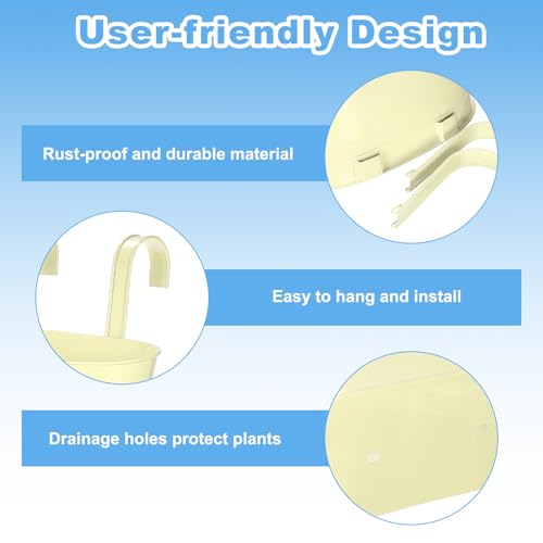 uxcell Rail Planter for Outdoor Plants, 4 Pcs 11" Iron Wall Hanging Planters Fence Railing Balcony Planters with Drainage Holes and Detachable Hooks, Cream - color: Cream