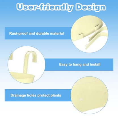 uxcell Rail Planter for Outdoor Plants, 4 Pcs 11" Iron Wall Hanging Planters Fence Railing Balcony Planters with Drainage Holes and Detachable Hooks, Cream - color: Cream