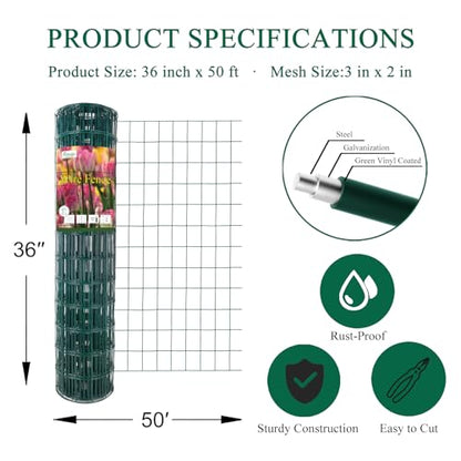 Green PVC Coated Welded Wire Fence 36" x 50' Roll, 2"x3" Mesh, 16 Gauge - color: Green, size: 2''x3'' 16GA 36''x50'