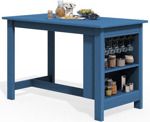 SERWALL Outdoor HDPE Counter-Height Bar Table with Storage Rack, Blue - color: Blue, size: 1 Bar Table