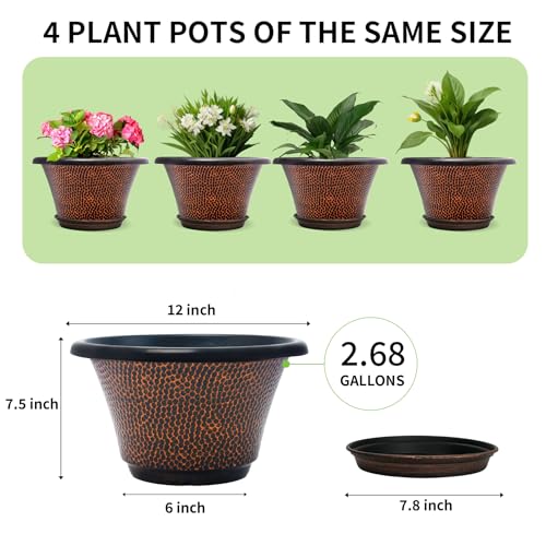 Quarut 12 Inch Pots for Plants,4 Pack Large Flower Pots with Drainage Hole - color: Diamond Pattern-brown, size: 12 inch-4 Pack